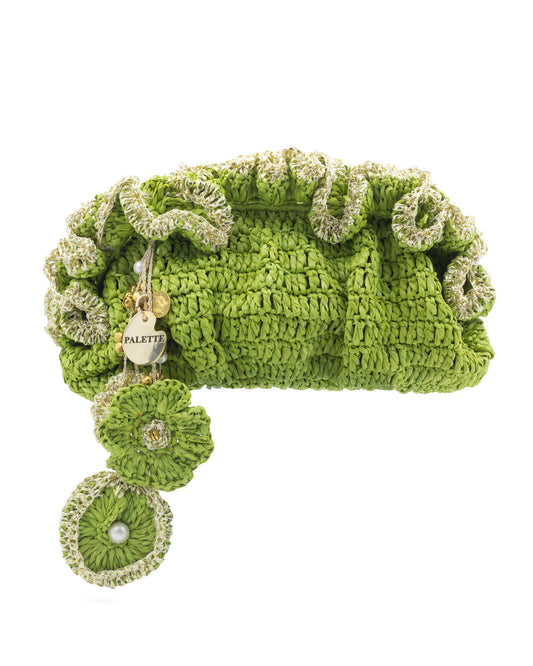 Palette by Rishma Green Pouf Bag in fresh green — hand crocheted pouf bag in raffia with gota trim, front