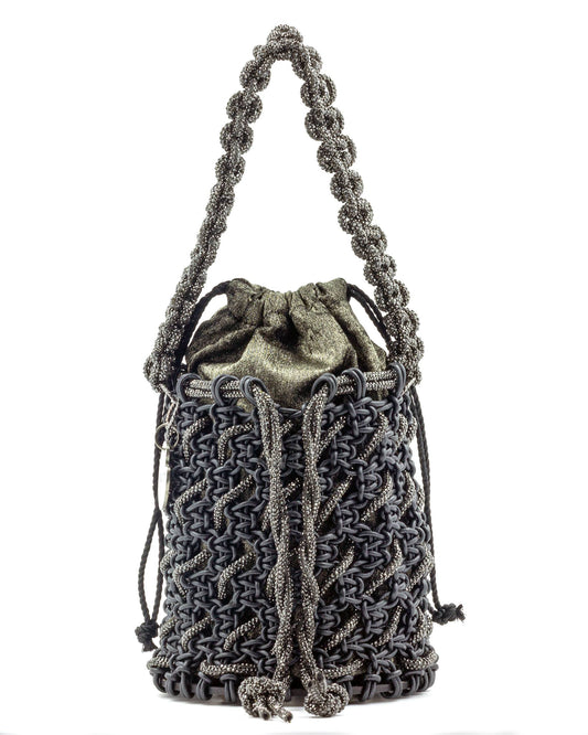 Palette by Rishma Onyx Bucket Bag in jet black — hand-knotted metallic leatherette cord with gunmetal rhinestone bucket bag, front