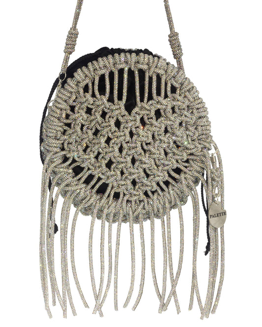 Palette by Rishma Lumina Amore Stardust Handcrafted Rhinestone Macramé Fringe Bag — Front View