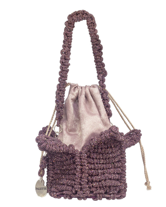 Palette by Rishma Lumina Bloom Mauve Handcrafted Rhinestone Macramé Flower Bag — Front View