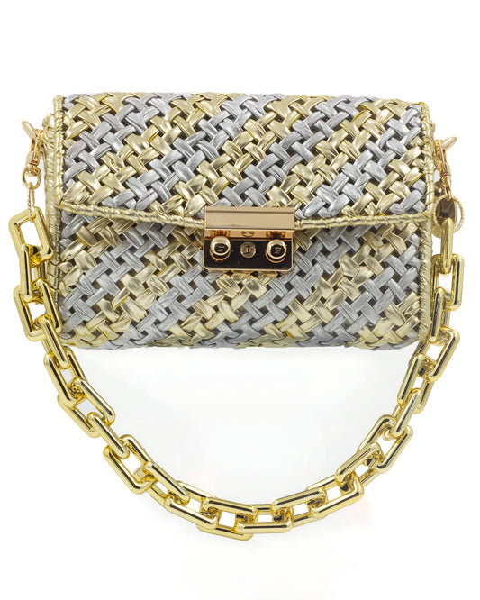Palette by Rishma Aurum Bag in gold and silver — hand woven metallic clutch, front