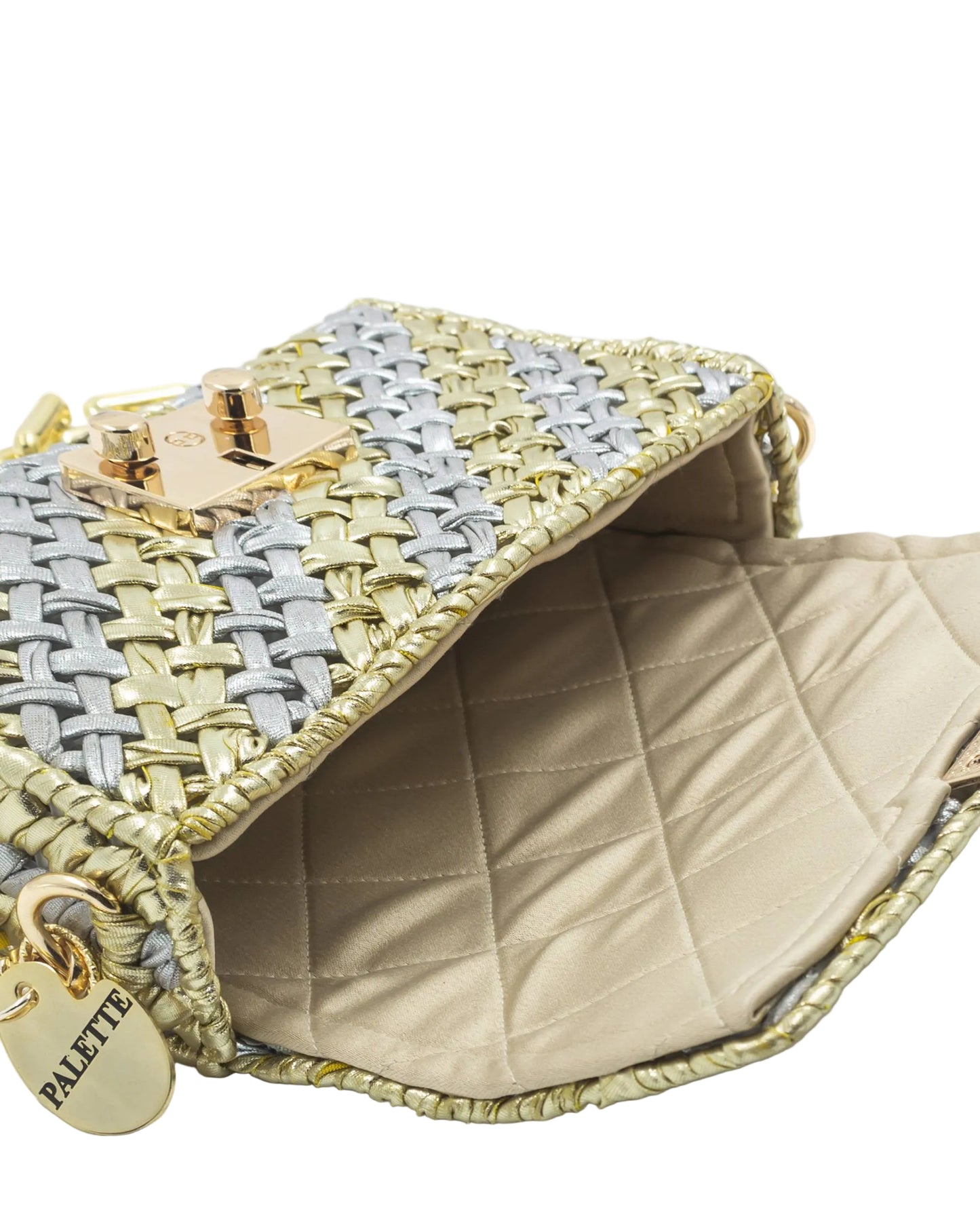 Quilted satin interior lining of Palette by Rishma Aurum Bag