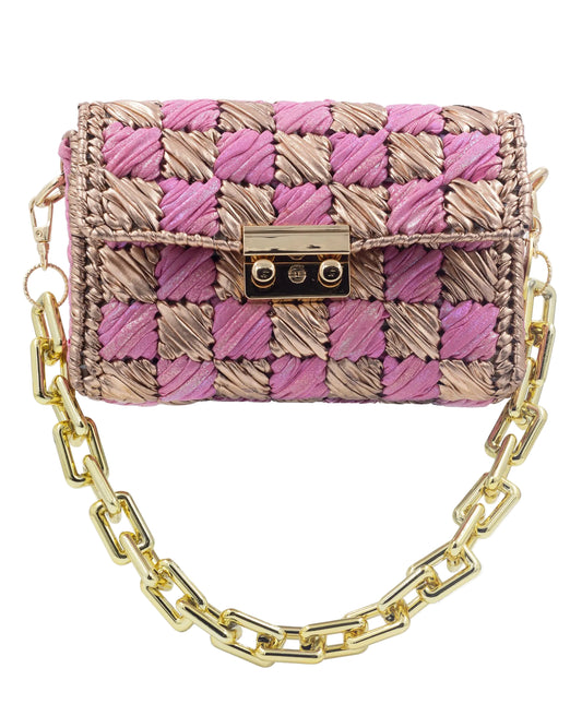 Palette by Rishma Rosé Bag in soft pink and champagne — hand woven metallic clutch, front