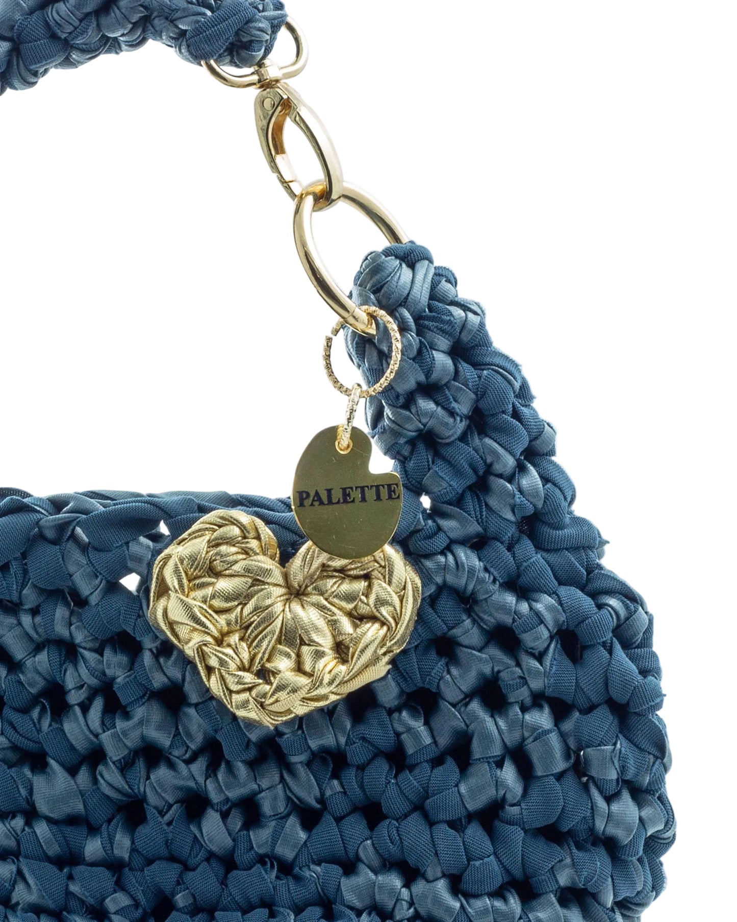 Close-up of hand crochet leatherette stitching on Palette by Rishma Denim Bag