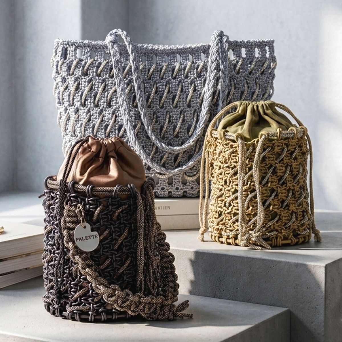 Three  macrame bags in metallic colors on a light background - Palette by Rishma 