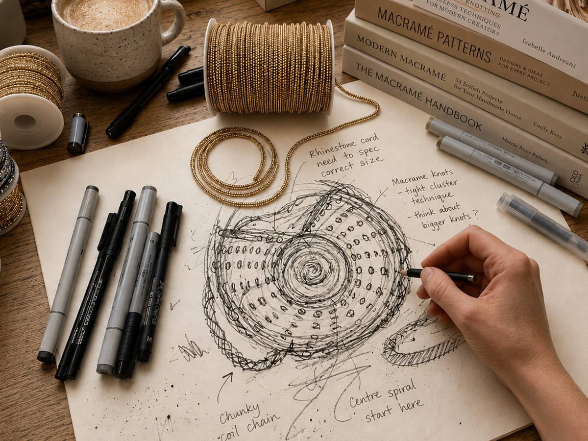 Person sketching a design on paper for a macrame bag, including books, thread, and markers. - Palette by Rishma