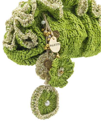 Close-up of hand crochet stitching and crystal beads on Palette by Rishma Green Pouf Bag