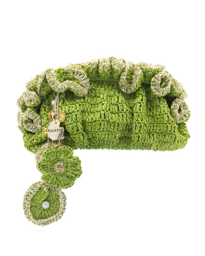 Palette by Rishma Green Pouf Bag in fresh green — hand crocheted pouf bag in raffia with gota trim, front