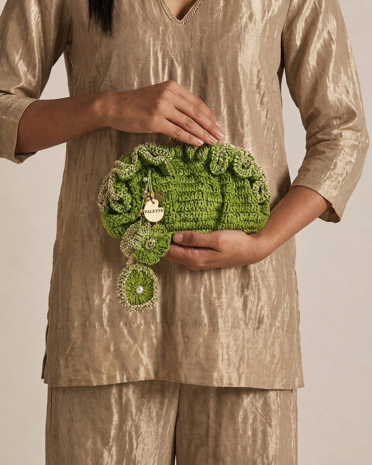 Palette by Rishma Green Pouf Bag styled — fresh green fête bag being worn