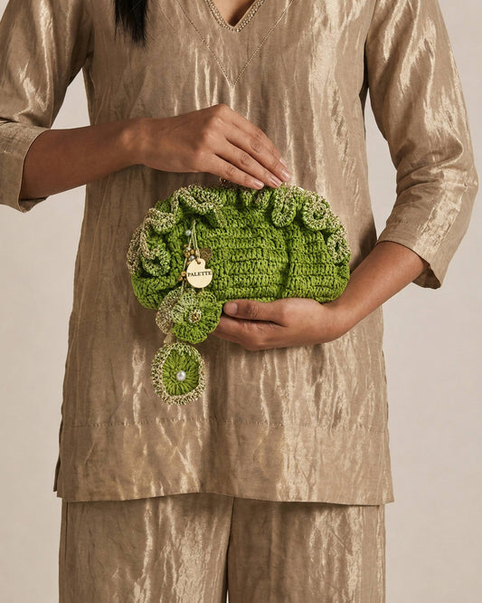 Palette by Rishma Green Pouf Bag styled — fresh green fête bag being worn