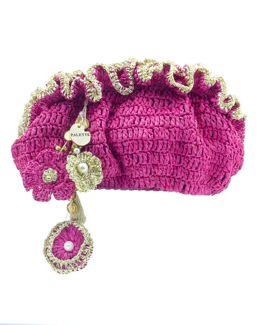 Palette by Rishma Pink Pouf Bag in vibrant pink — hand crocheted pouf bag in raffia with gota trim, front
