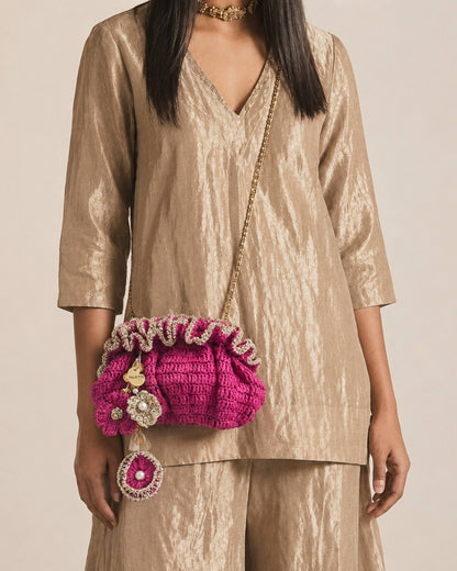 Palette by Rishma Pink Pouf Bag styled — vibrant pink fête bag being worn