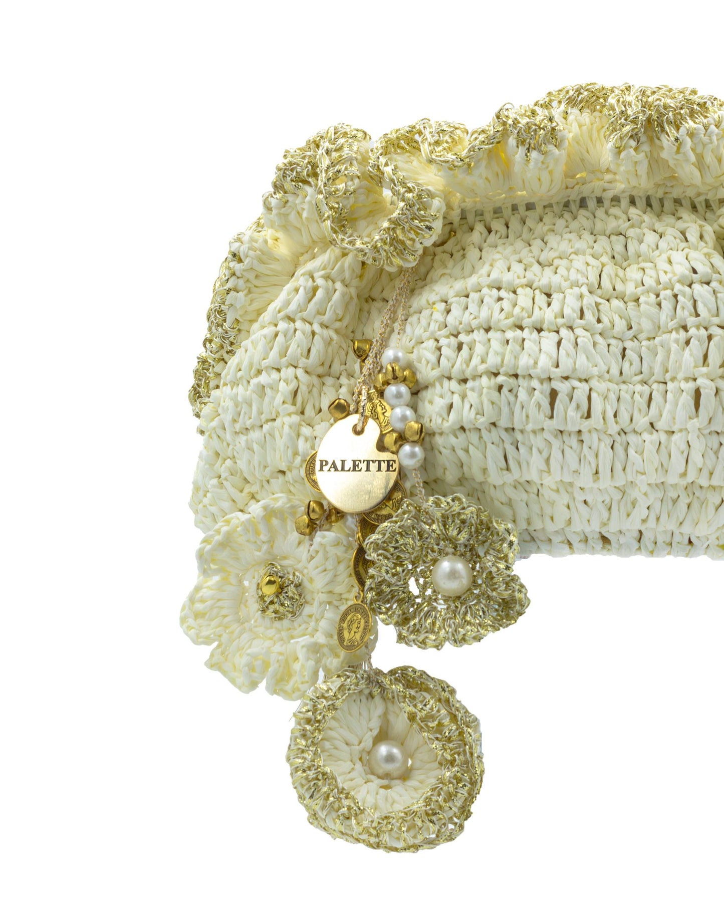 Close-up of hand crochet stitching and crystal beads on Palette by Rishma Ivory Pouf Bag
