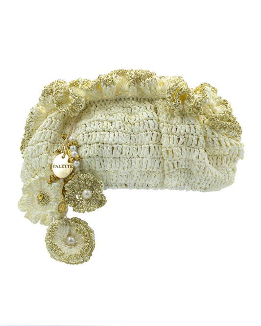 Palette by Rishma Ivory Pouf Bag in ivory white — hand crocheted pouf bag in raffia with gota trim, front