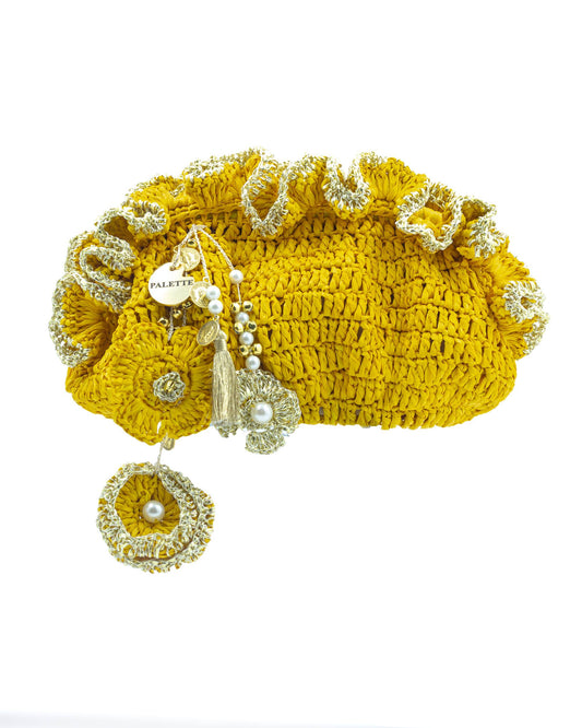 Palette by Rishma Yellow Pouf Bag in radiant yellow — hand crocheted pouf bag in raffia with gota trim, front