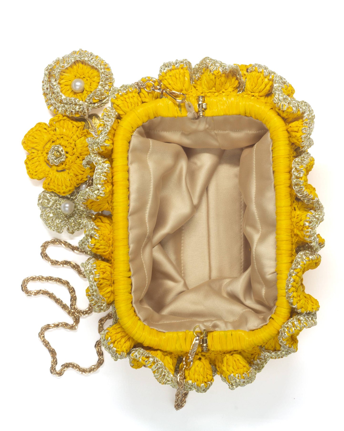 Felt interior lining of Palette by Rishma Yellow Pouf Bag