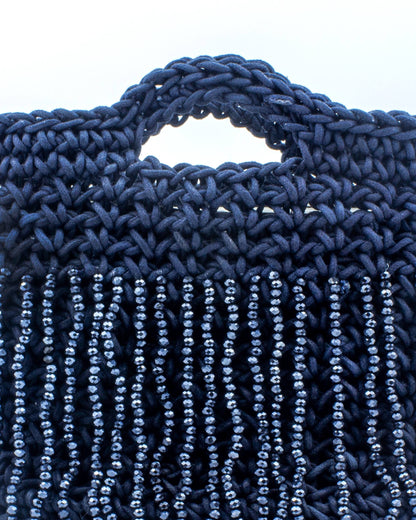 Close-up of hand crochet stitching and crystal beads on Palette by Rishma Bluebell Bag