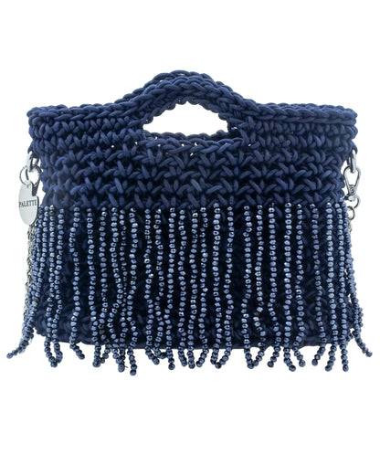 Palette by Rishma Bluebell Bag in midnight navy — hand crocheted waxed braided cord with crystal beads, front