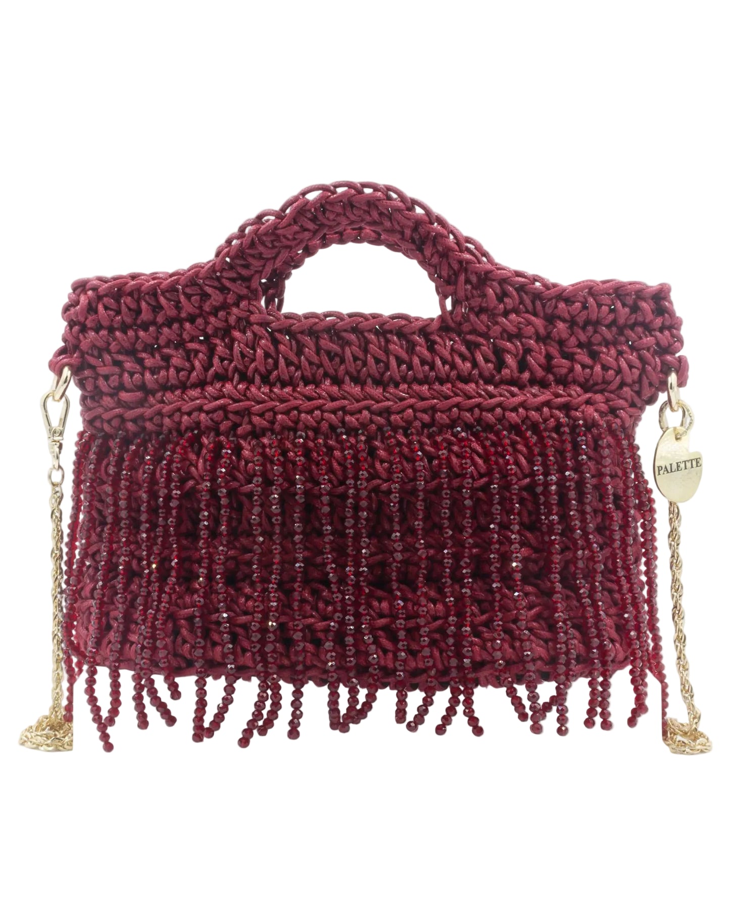 Palette by Rishma Camellia Bag in ruby red — hand crocheted waxed braided cord with crystal beads, front
