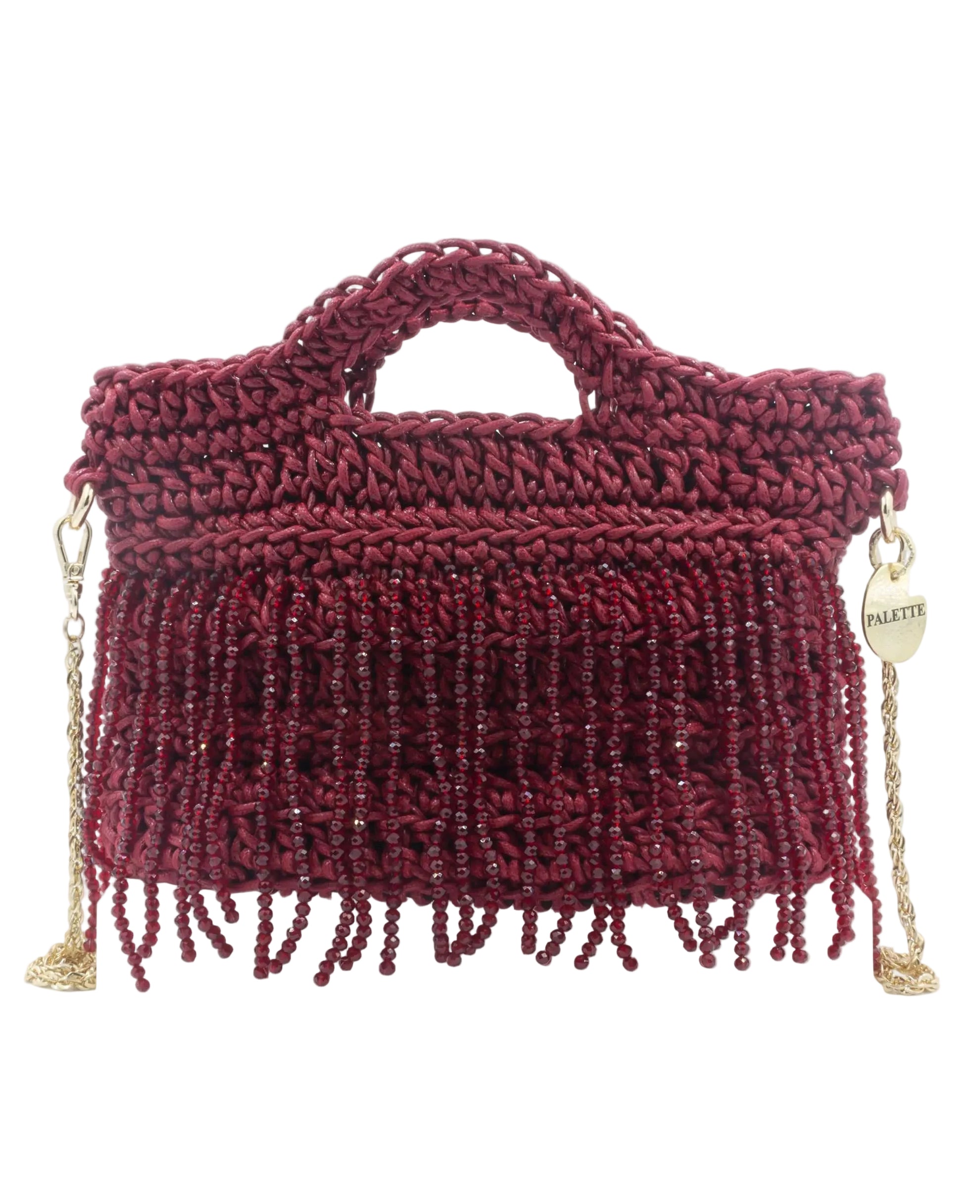 Palette by Rishma Camellia Bag in ruby red — hand crocheted waxed braided cord with crystal beads, front