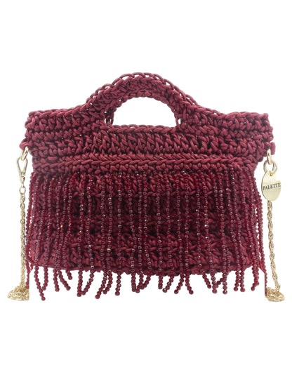 Palette by Rishma Camellia Bag in ruby red — hand crocheted waxed braided cord with crystal beads, front