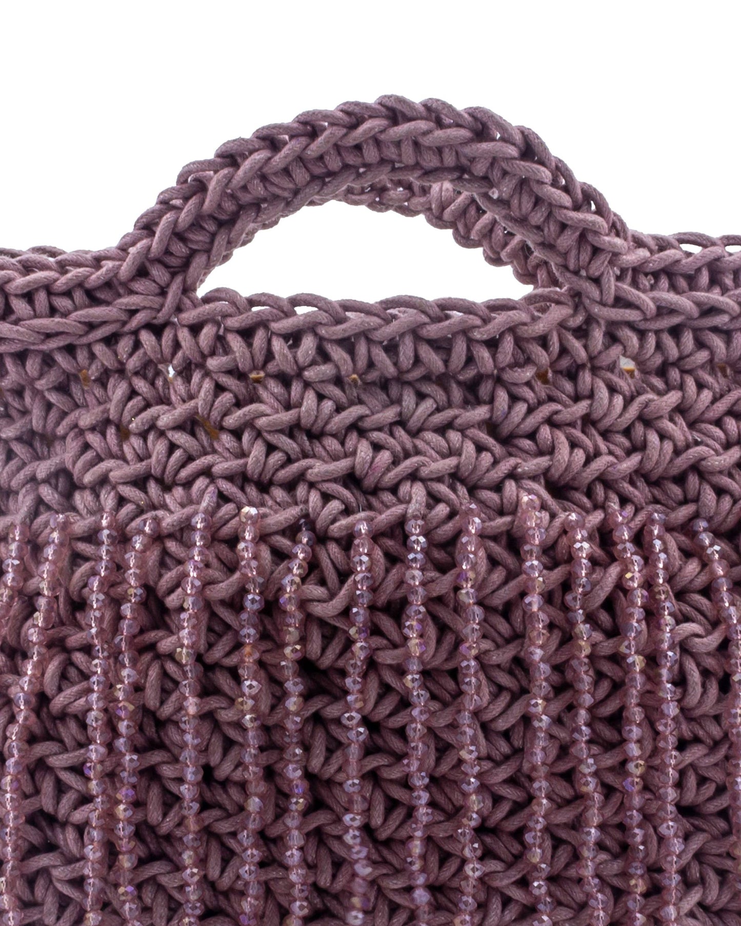 Close-up of hand crochet stitching and crystal beads on Palette by Rishma Dahlia Bag