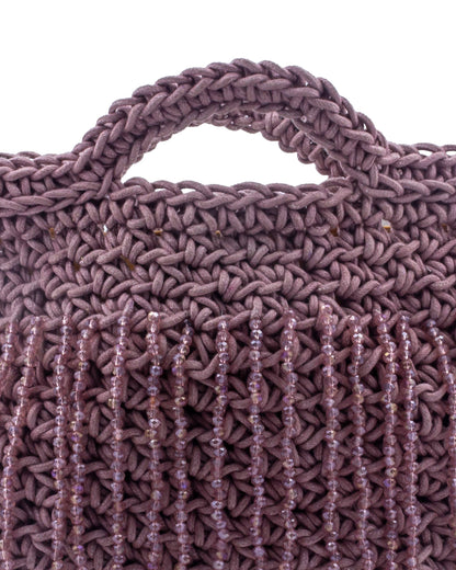 Close-up of hand crochet stitching and crystal beads on Palette by Rishma Dahlia Bag