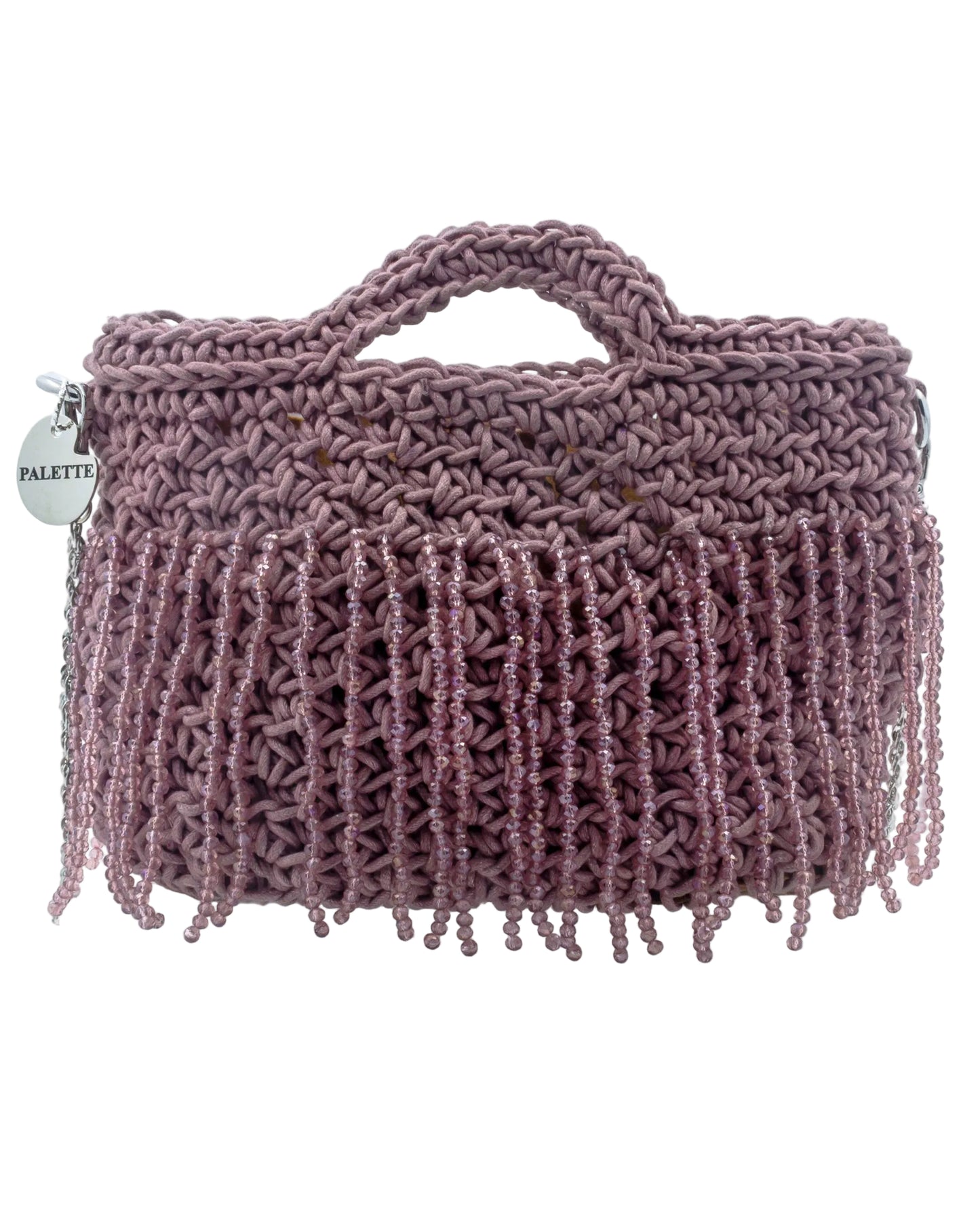 Palette by Rishma Dahlia Bag in deep purple — hand crocheted waxed braided cord with crystal beads, front