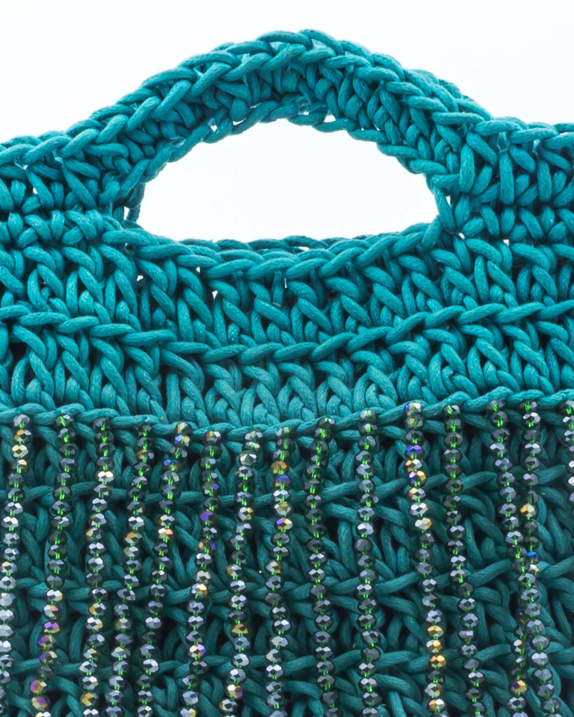 Close-up of hand crochet stitching and crystal beads on Palette by Rishma Jade Vine Bag