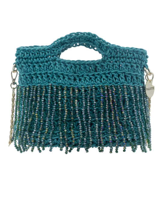 Palette by Rishma Jade Vine Bag in deep teal — hand crocheted waxed braided cord with crystal beads, front