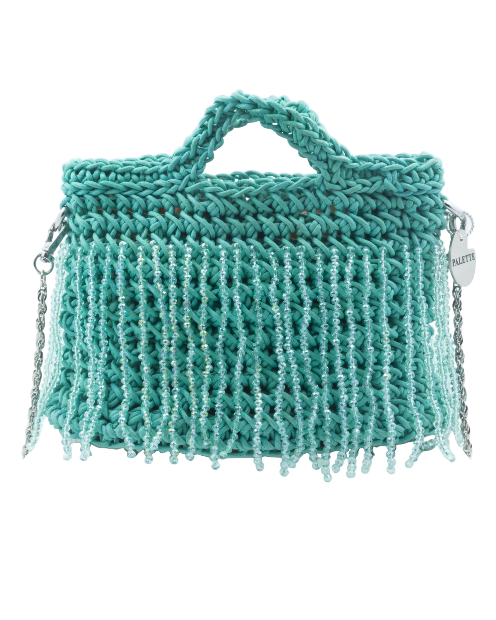 Palette by Rishma Laguna Lily Bag in aqua — hand crocheted waxed braided cord with crystal beads, front