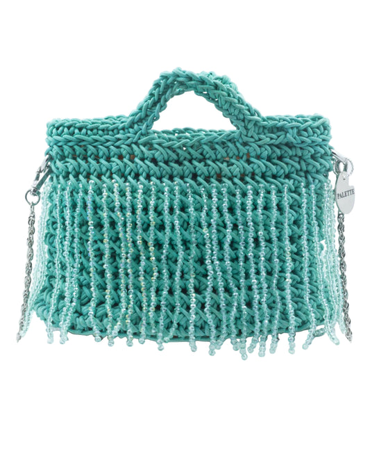 Palette by Rishma Laguna Lily Bag in aqua — hand crocheted waxed braided cord with crystal beads, front