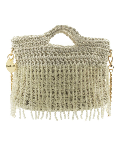 Palette by Rishma Magnolia Bag in pearl white — hand crocheted waxed braided cord with crystal beads, front