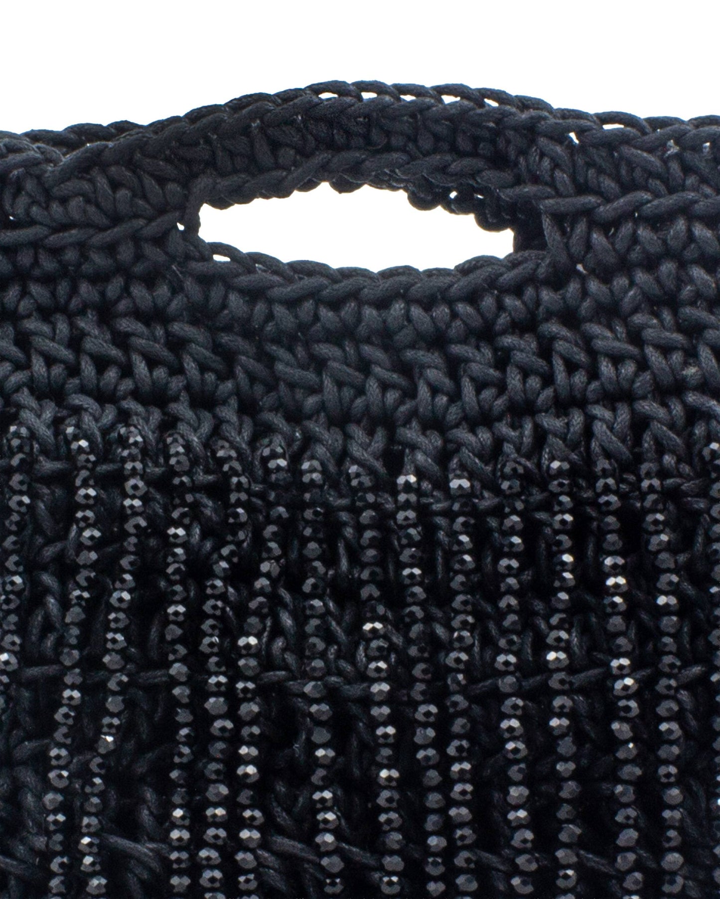 Close-up of hand crochet stitching and crystal beads on Palette by Rishma Midnight Iris Bag