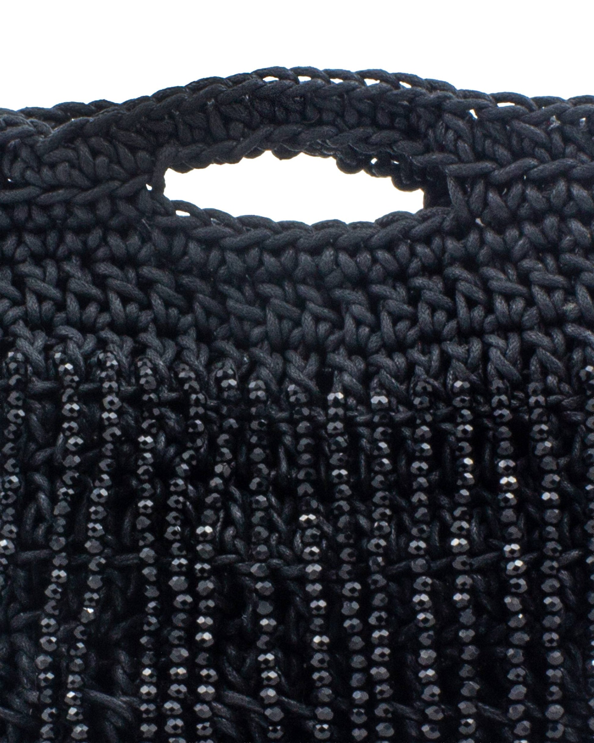 Close-up of hand crochet stitching and crystal beads on Palette by Rishma Midnight Iris Bag