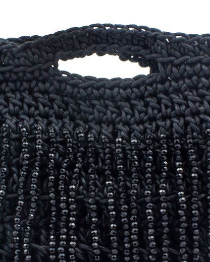 Close-up of hand crochet stitching and crystal beads on Palette by Rishma Midnight Iris Bag