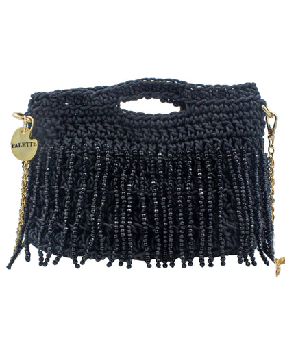 Palette by Rishma Midnight Iris Bag in noir black — hand crocheted waxed braided cord with crystal beads, front