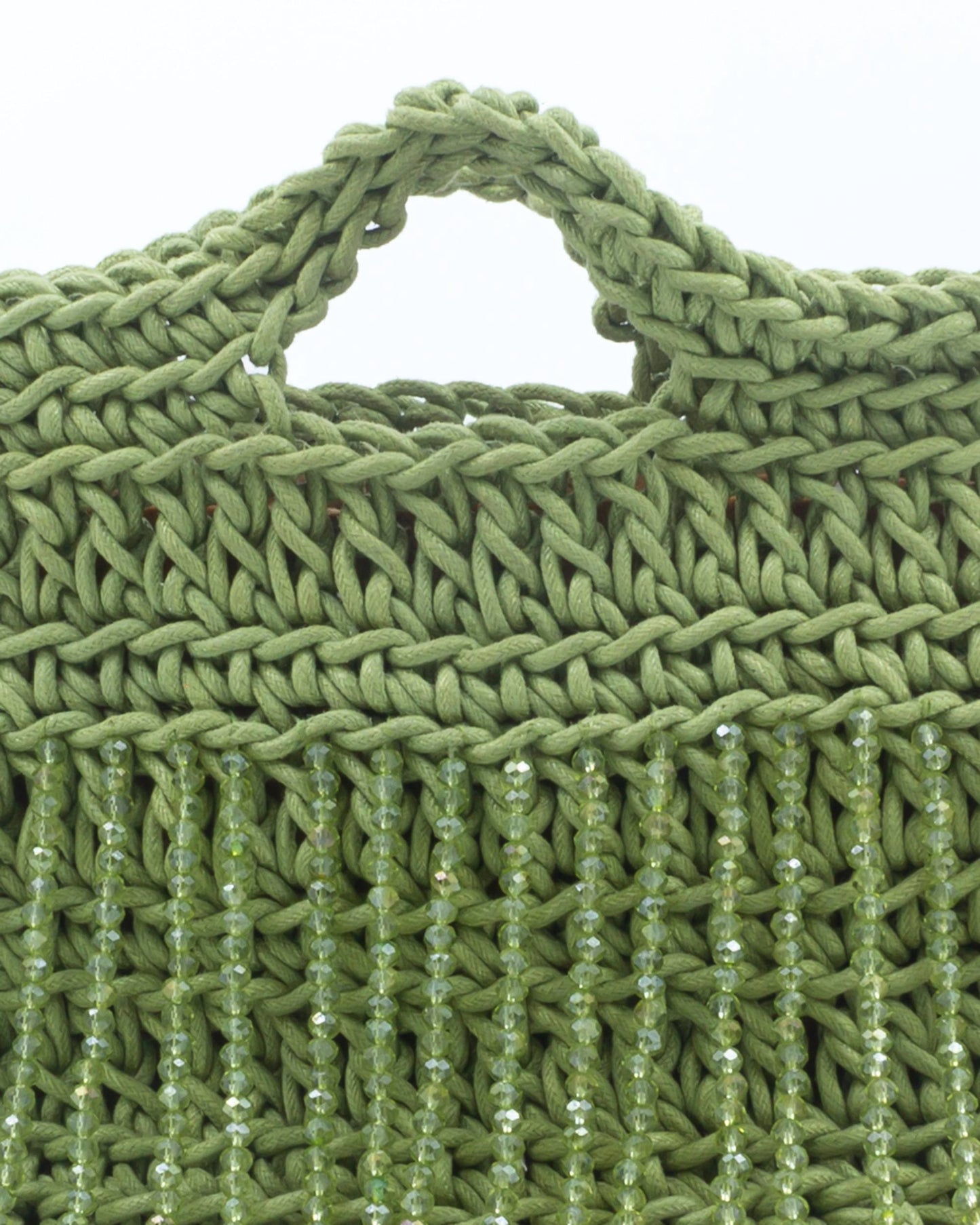 Close-up of hand crochet stitching and crystal beads on Palette by Rishma Olive Grove Bag