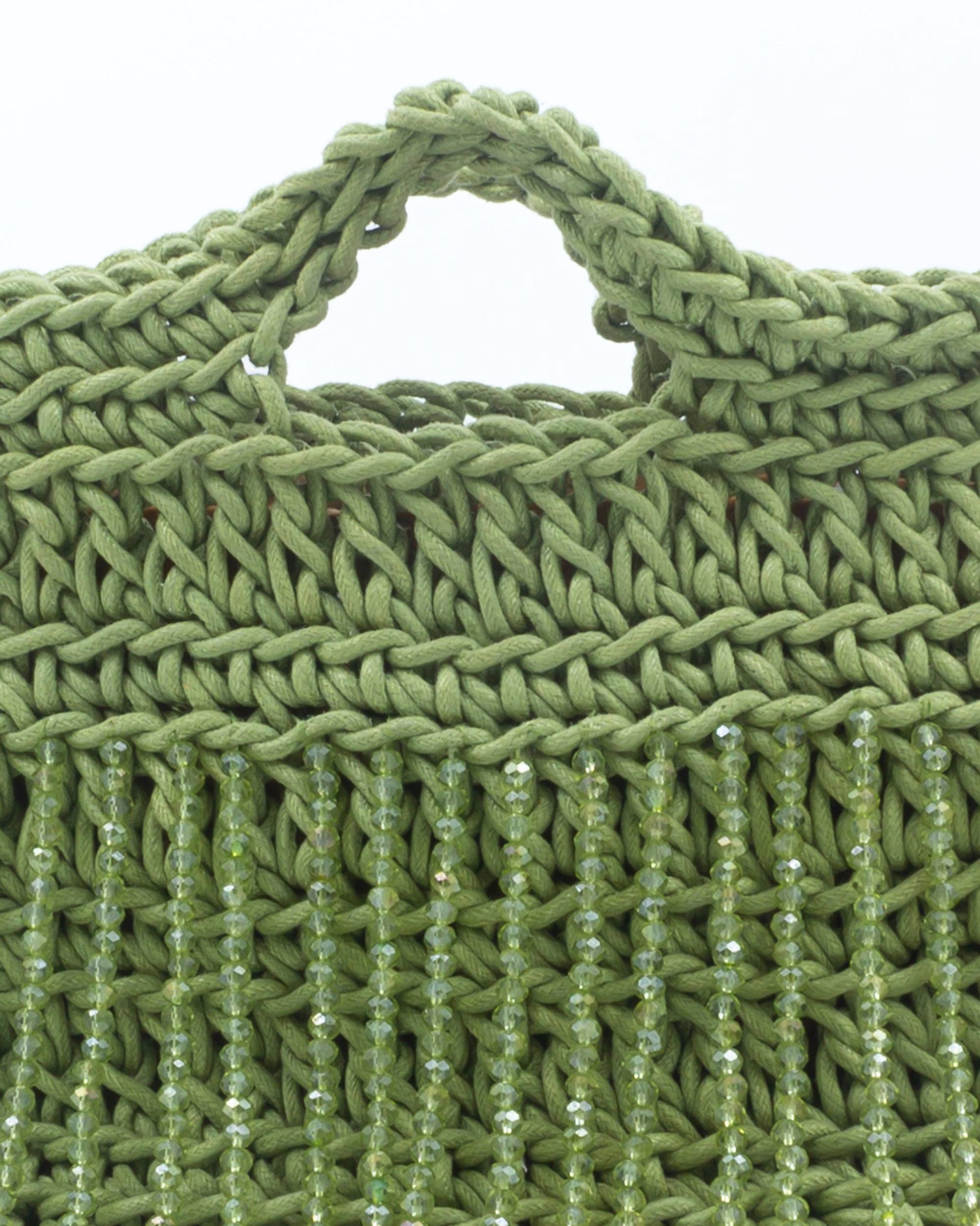 Close-up of hand crochet stitching and crystal beads on Palette by Rishma Olive Grove Bag