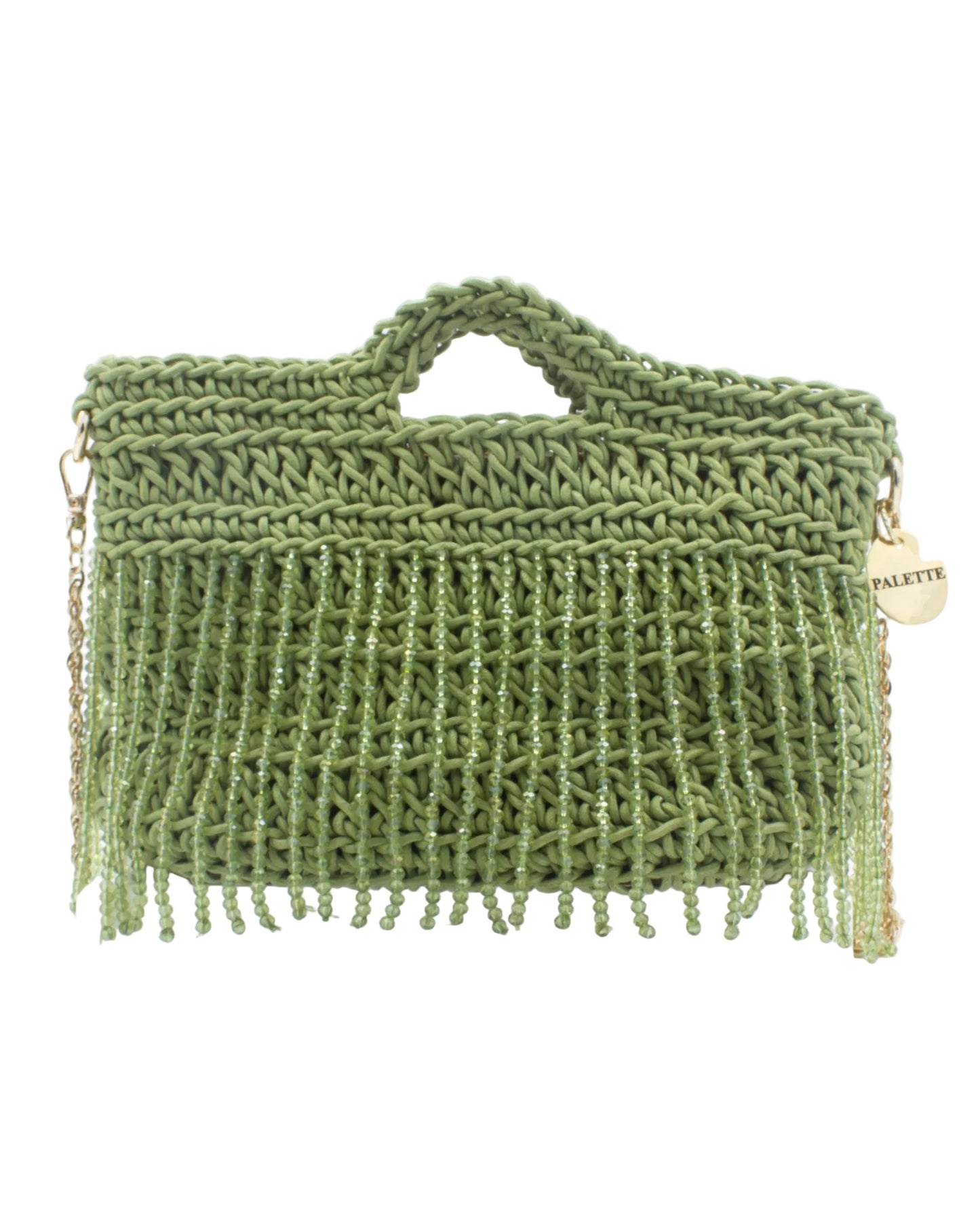 Palette by Rishma Olive Grove Bag in moss green — hand crocheted waxed braided cord with crystal beads, front
