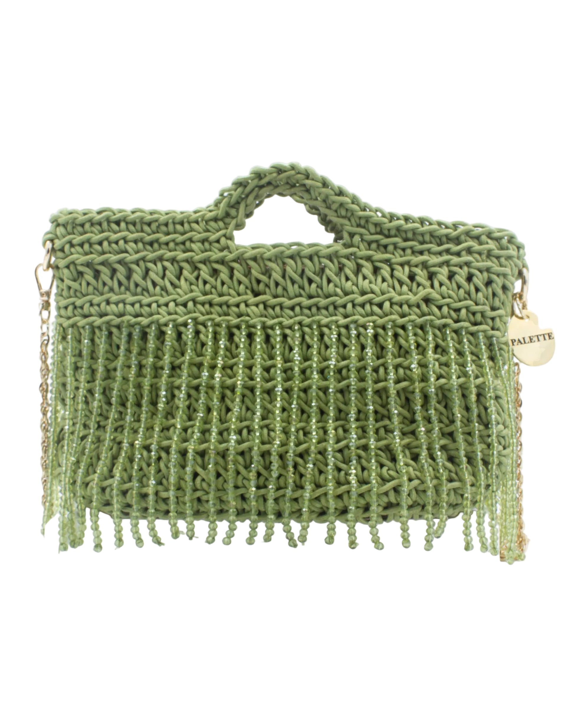 Palette by Rishma Olive Grove Bag in moss green — hand crocheted waxed braided cord with crystal beads, front