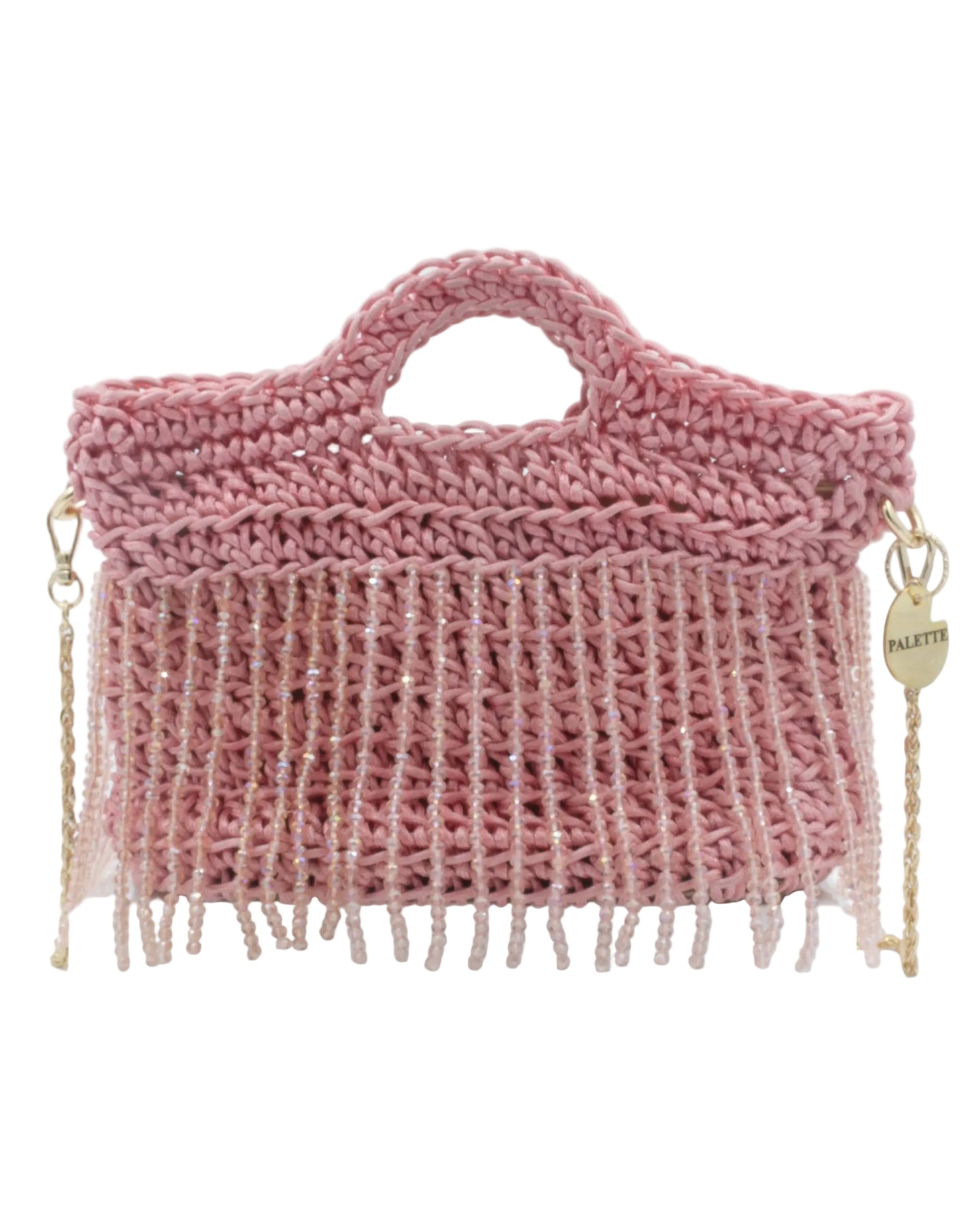 Palette by Rishma Peony Bag in blush pink — hand crocheted waxed braided cord with crystal beads, front