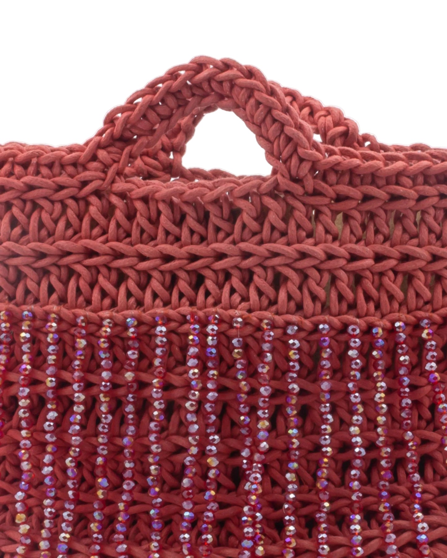 Close-up of hand crochet stitching and crystal beads on Palette by Rishma Poppy Bag