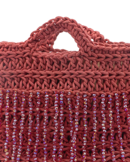Close-up of hand crochet stitching and crystal beads on Palette by Rishma Poppy Bag