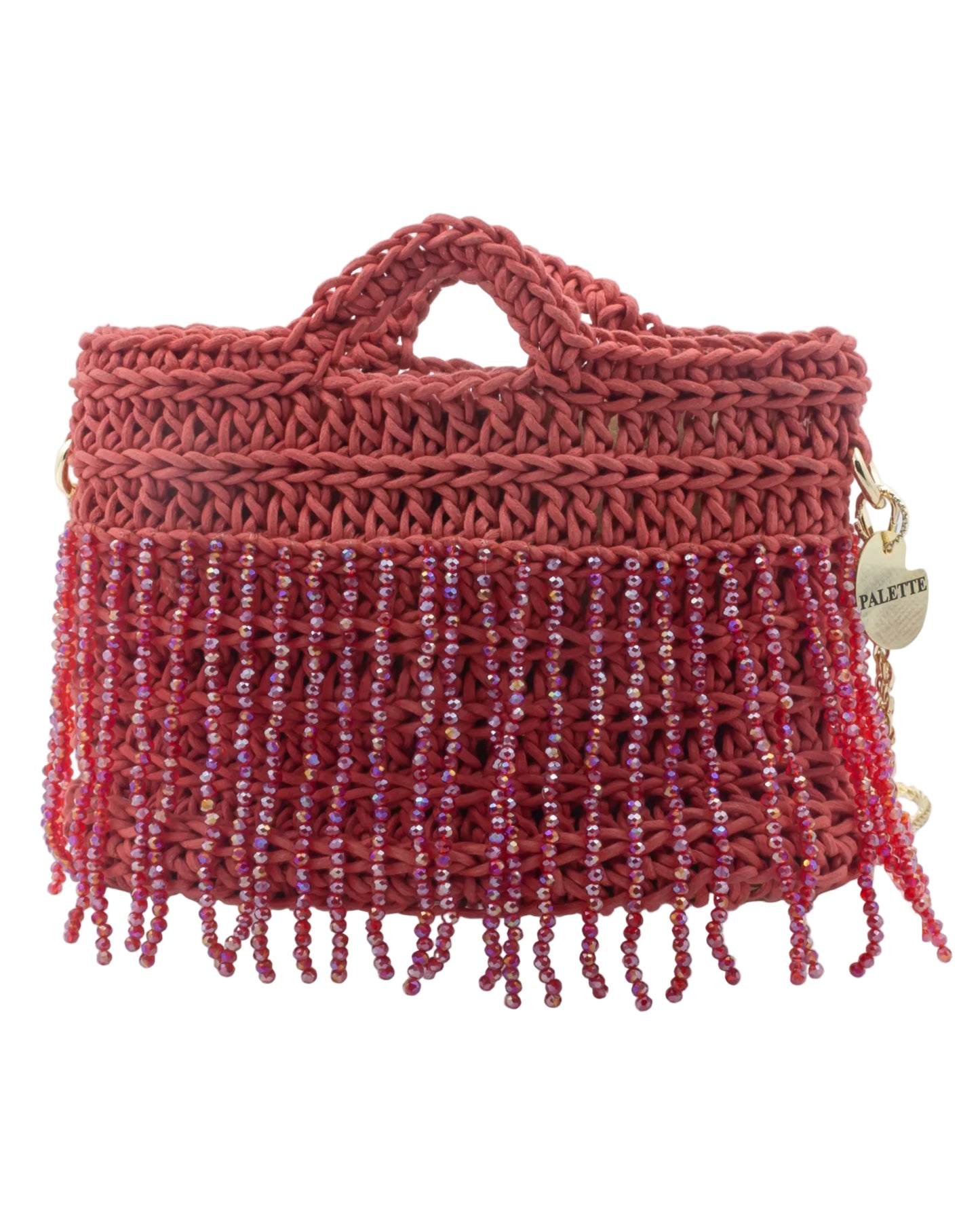 Palette by Rishma Poppy Bag in scarlet red — hand crocheted waxed braided cord with crystal beads, front
