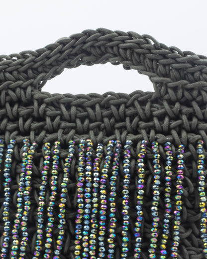 Close-up of hand crochet stitching and crystal beads on Palette by Rishma Silver Sage Bag