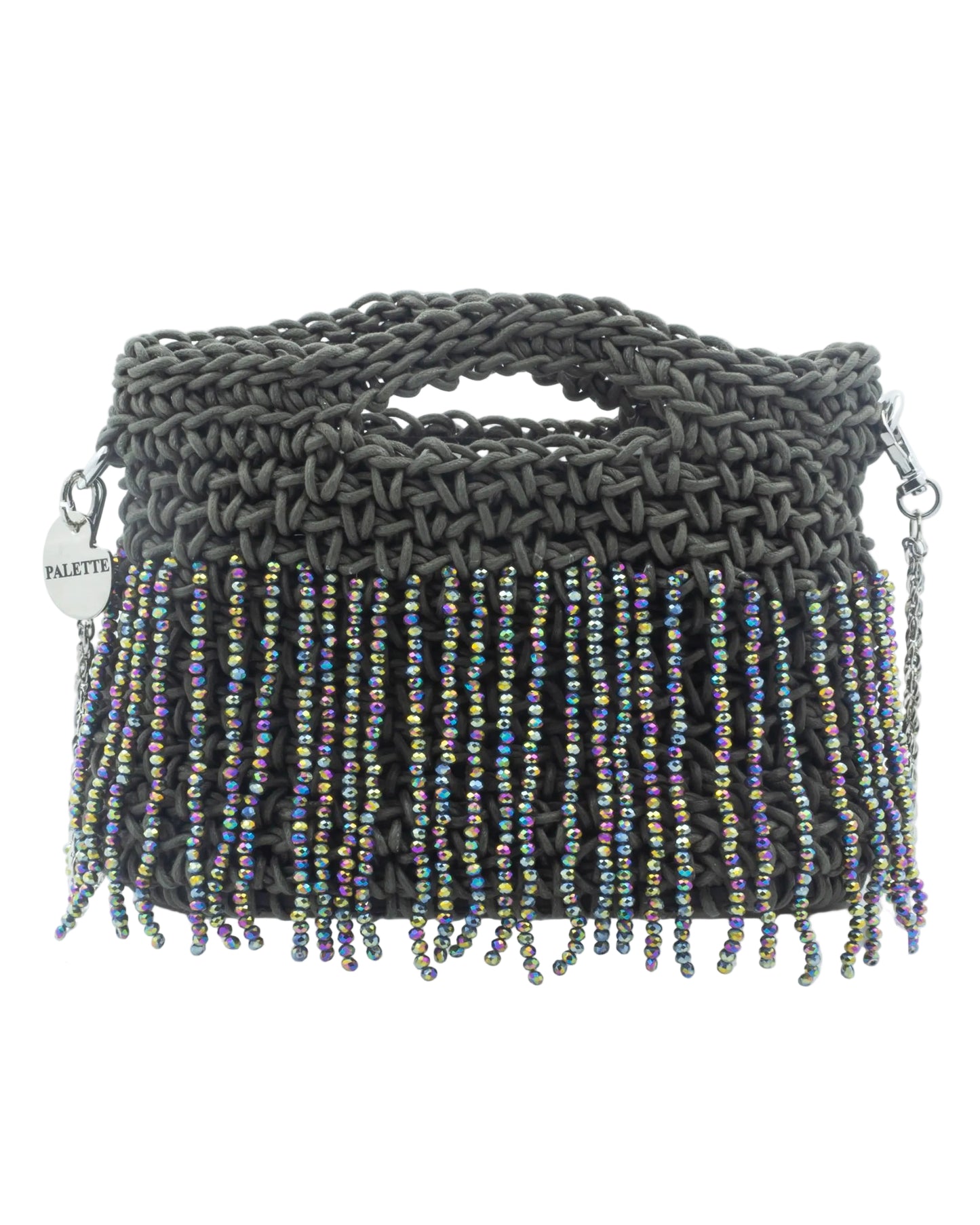 Palette by Rishma Silver Sage Bag in slate grey — hand crocheted waxed braided cord with crystal beads, front