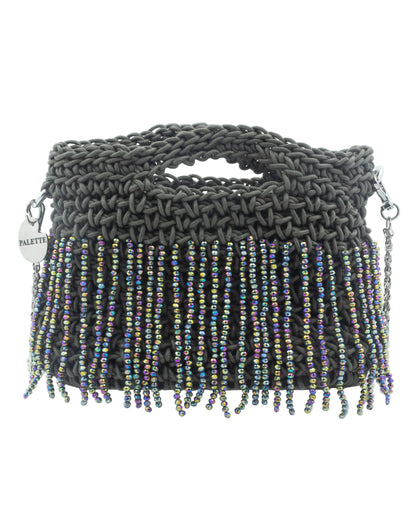 Palette by Rishma Silver Sage Bag in slate grey — hand crocheted waxed braided cord with crystal beads, front