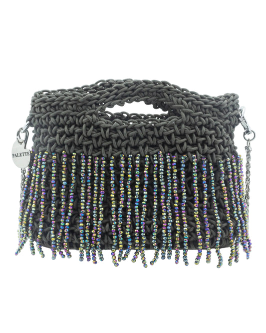 Palette by Rishma Silver Sage Bag in slate grey — hand crocheted waxed braided cord with crystal beads, front