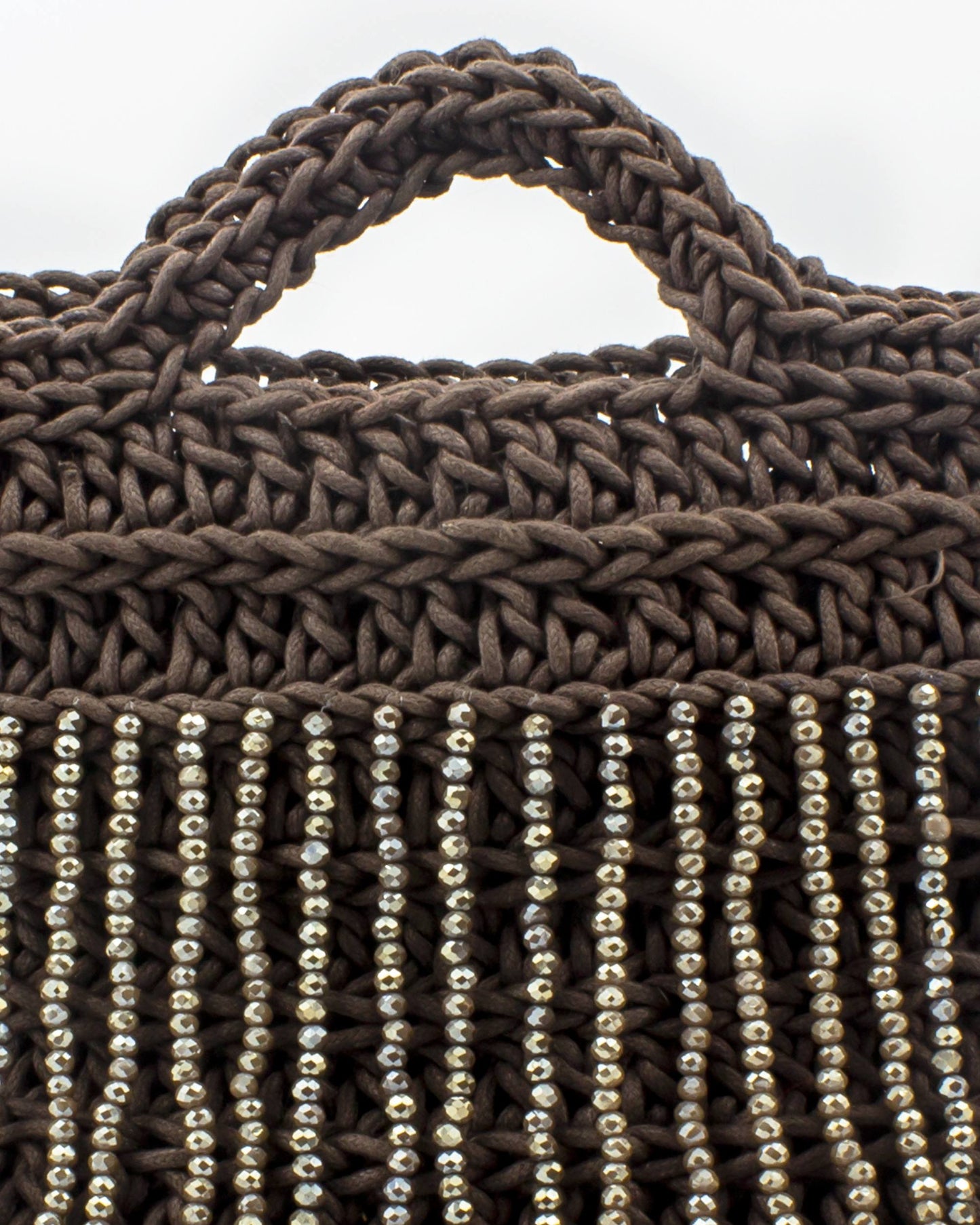 Close-up of hand crochet stitching and crystal beads on Palette by Rishma Truffle Rose Bag